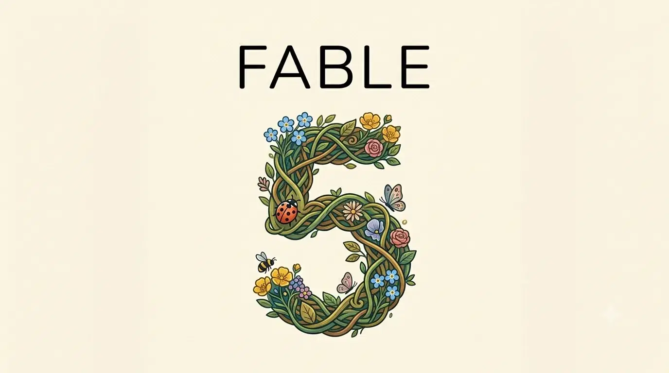 The numeral 5 decorated with flowers and leaves, with the words Fable 5 above it