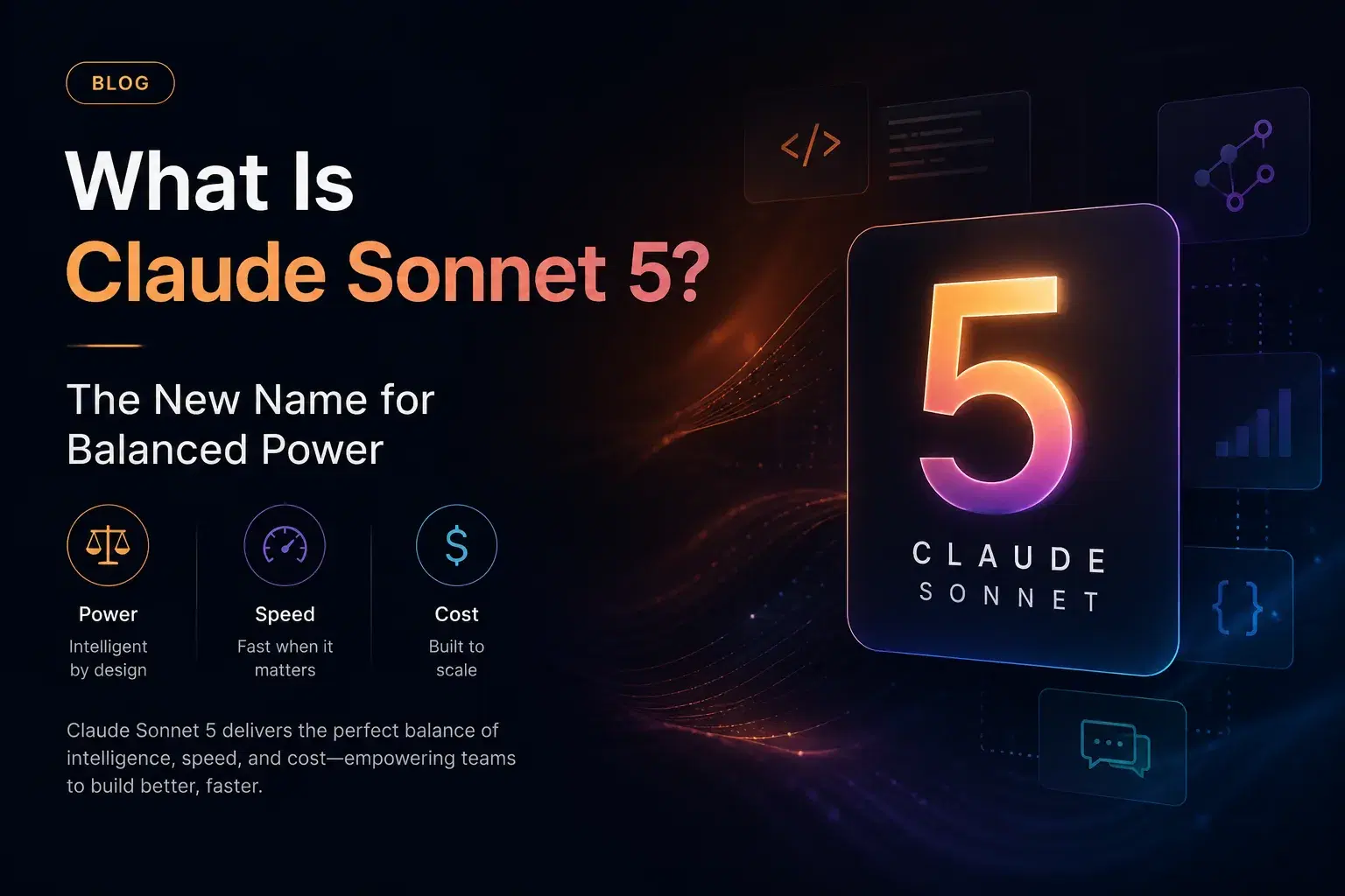 Claude Sonnet 5 blog cover featuring a futuristic AI-themed design with glowing number 5, code icons, and visual elements representing the balance between intel